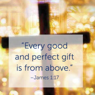Cross and golden background with the words "Every good and perfect gift is from above - James1:17" over the image